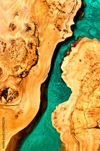 turquoise epoxy resin panel with walnut, texture for design