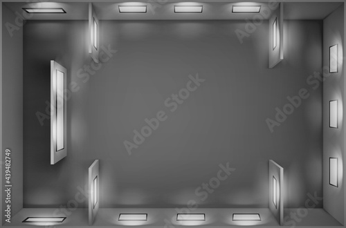 Top view of empty gallery with blank picture frames illuminated by spotlights. Vector realistic interior of museum or artwork exhibition with white posters in black frames and lamps