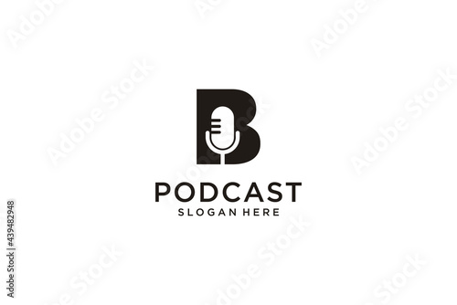 initial letter B with microphone podcast logo design template