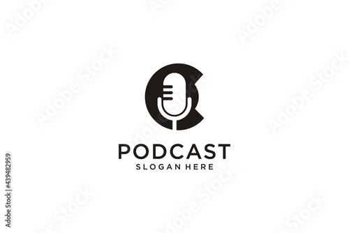 initial letter C with microphone podcast logo design template