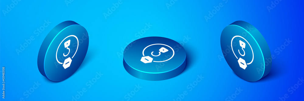 Isometric Industrial hook icon isolated on blue background. Crane hook icon. Blue circle button. Vector