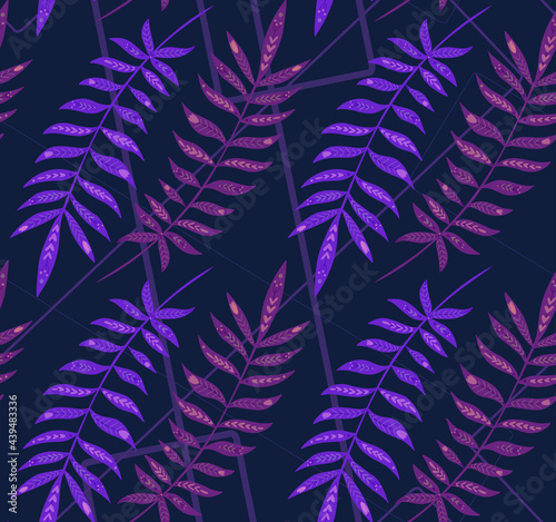 Seamless neon pattern with tropical leaves with folk decoration on geometric lines. Texture with violet leaves with tribal ornament. Vector wallpaper with branch of rainforest. Natural fabric photo