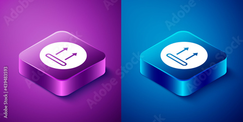 Isometric Washing under 90 degrees celsius icon isolated on blue and purple background. Temperature wash. Square button. Vector