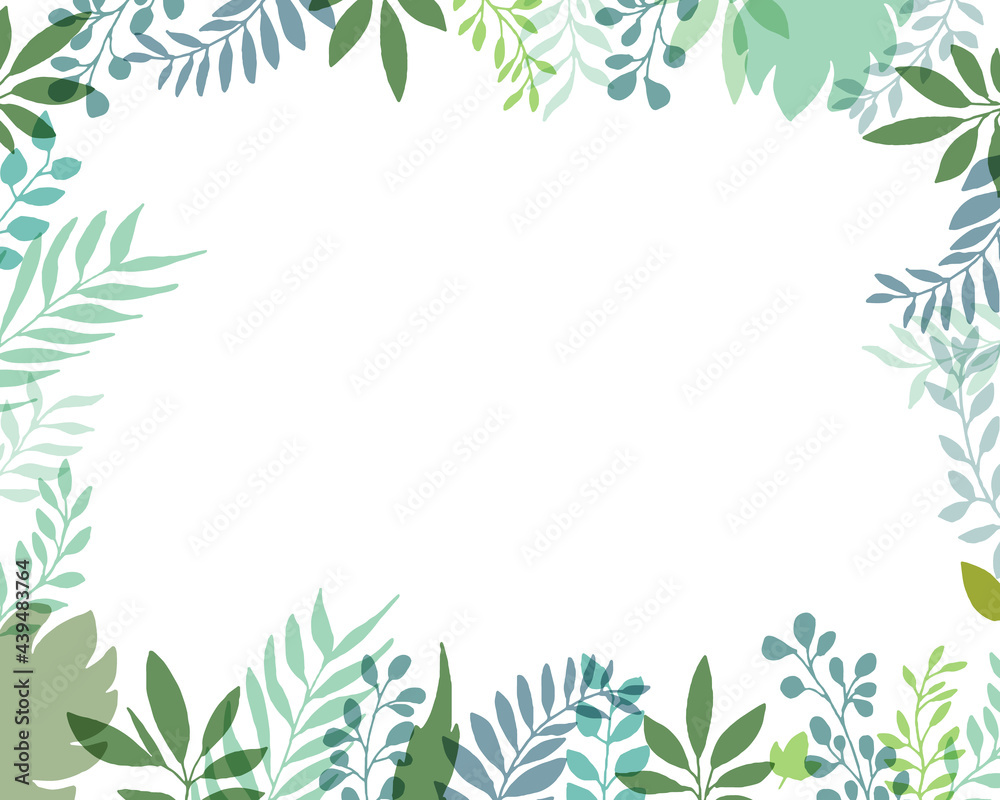 手描きタッチのシンプル草木フレー背景　Set hand drawn white isolated background. Botanical illustration. Decorative Botanical picture.