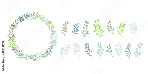 手描きタッチのシンプル草木リース型フレーム Set hand drawn white isolated background. Botanical illustration. Decorative Botanical picture.