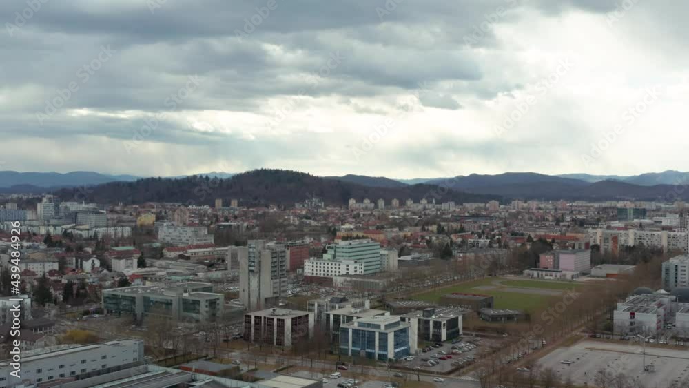 Aerial shot slowly circling around the capital of Slovenia, Ljubljana on an overcast day. Aerial shot slowly circling around the capital of Slovenia, Ljubljana on an overcast day.