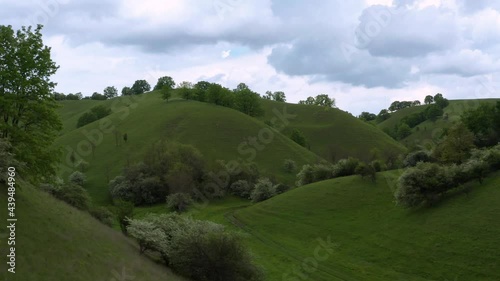 Beautiful cloudy morning over Deliblato Sands, sandy hills covered in green grass and trees. Banat, Vojvodina, Serbia photo