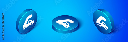 Isometric Passenger ladder for plane boarding icon isolated on blue background. Airport stair travel. Blue circle button. Vector