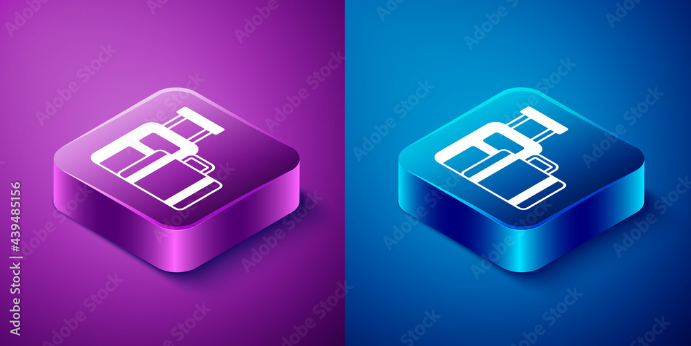 Isometric Suitcase for travel icon isolated on blue and purple background. Traveling baggage sign. Travel luggage icon. Square button. Vector