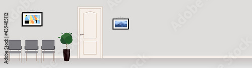 Four grey chairs and wall clock in waiting room. Concept of hiring or receiving in a clinic.