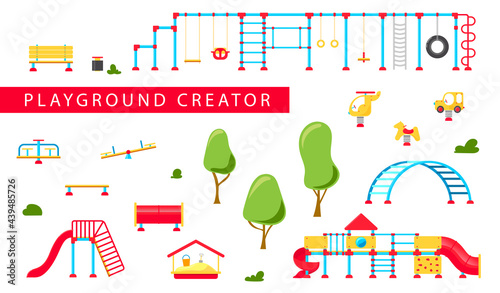 Kids playground. Set of playing equipment elements. City park concept. Vector illustration