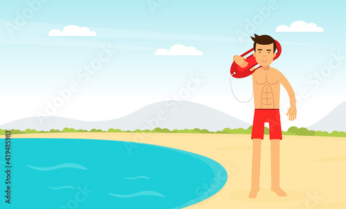 Man Lifeguard or Rescuer Supervising Safety and Rescuing Swimmers and Surfers Vector Illustration