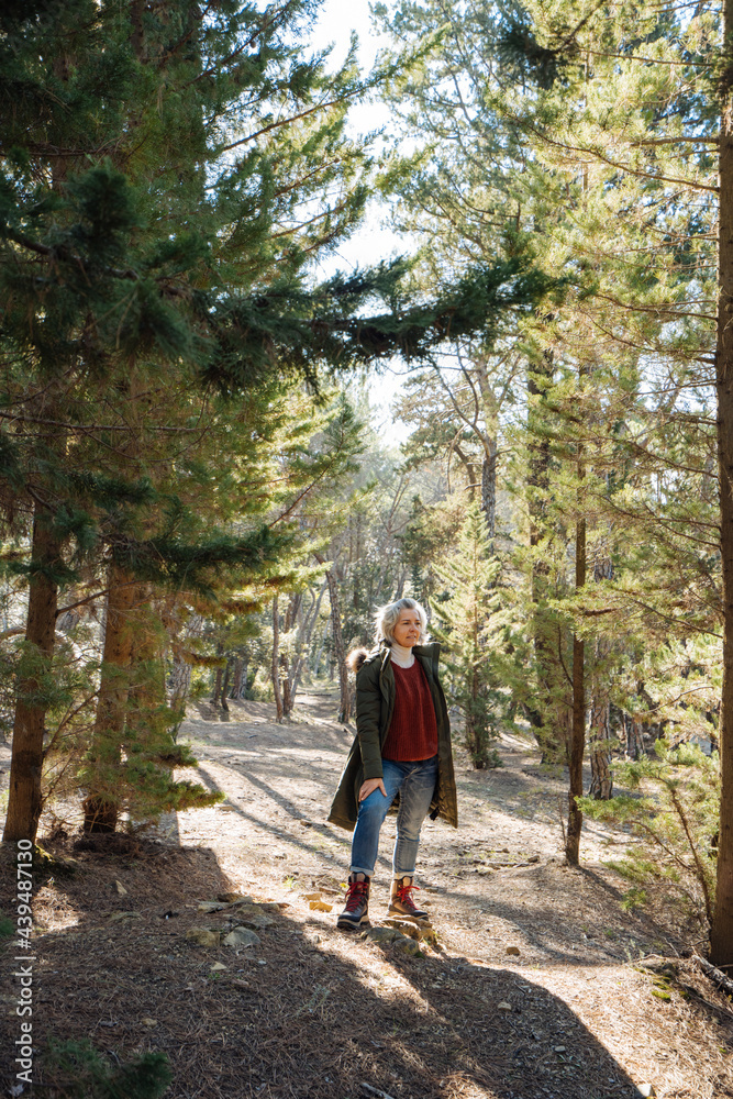 Mature woman resting in woodland on sunny day Mature woman resting in woodland on sunny day