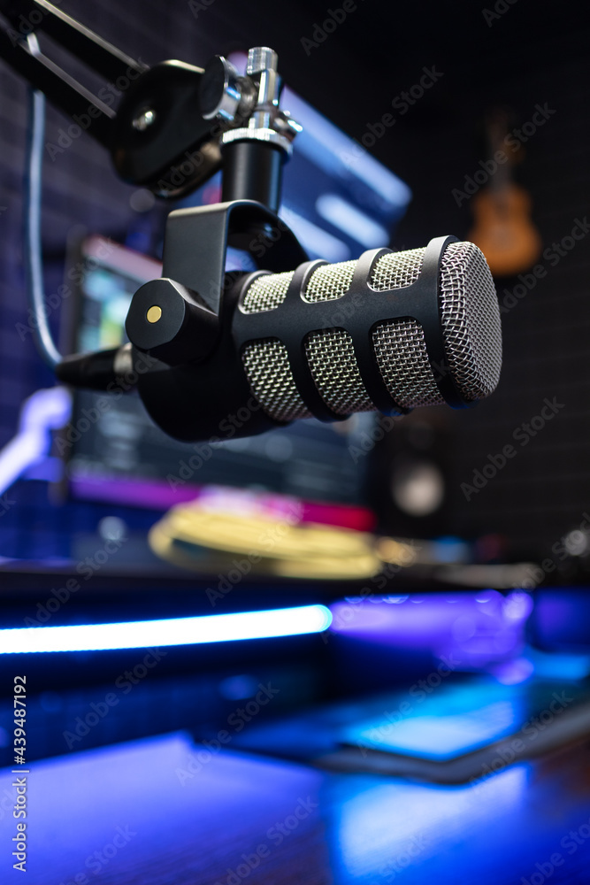 Professional studio condenser microphone in modern music recording