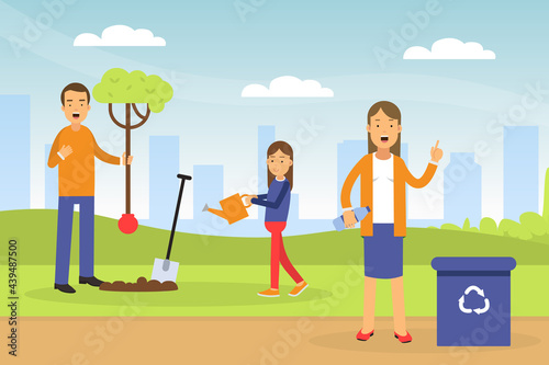 Young Man with Daughter Planting Tree and Woman Gathering Plastic for Recycling Contributing into Environment Preservation Vector Illustration