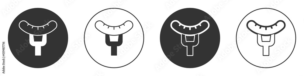 Black Sausage on the fork icon isolated on white background. Grilled sausage and aroma sign. Circle button. Vector Black Sausage on the fork icon isolated on white background. Grilled sausage and aroma sign. Circle button. Vector