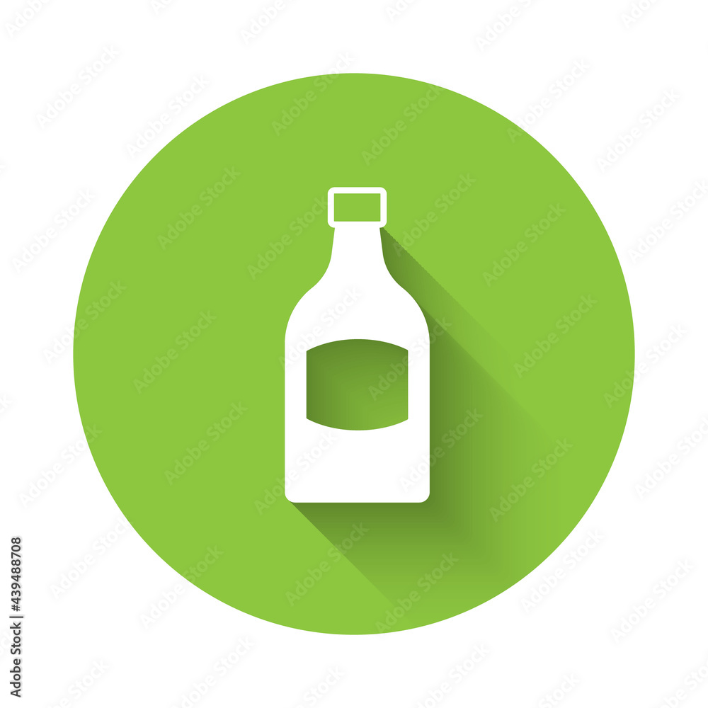 White Beer bottle icon isolated with long shadow background. Green circle button. Vector White Beer bottle icon isolated with long shadow background. Green circle button. Vector