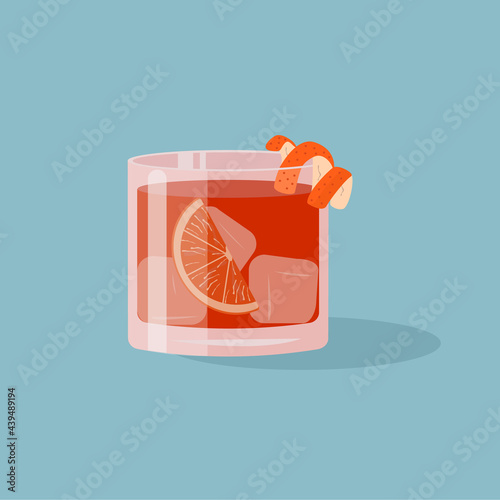Negroni Cocktail in old fashioned glass with ice and orange slice. Aperol or Campari Alcoholic Beverage with citrus peel. Italian aperitif on rocks. Vector illustration in flat cartoon style.