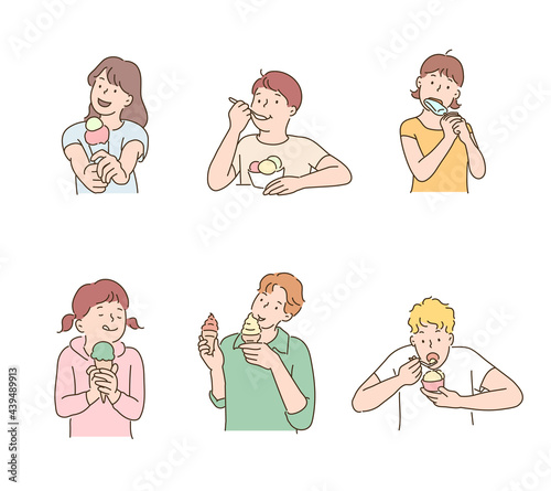 Cute children are eating ice cream. hand drawn style vector design illustrations. 
