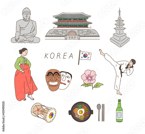 Korean landmarks and traditional icons. hand drawn style vector design illustrations. 