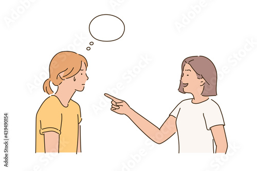 A woman is pointing a finger at her and smirking at the other woman, bewildered. hand drawn style vector design illustrations. 