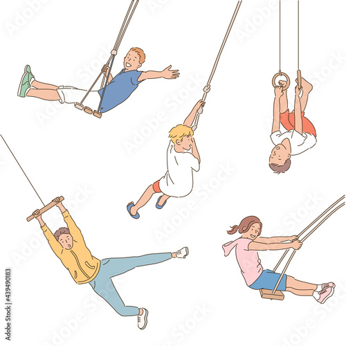 Children are on swings holding various ropes. hand drawn style vector design illustrations. 