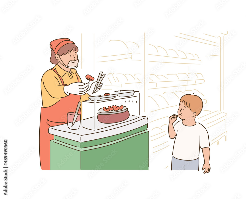 In the supermarket, an old woman is preparing food for tasting and a cute child is eating it. hand drawn style vector design illustrations. In the supermarket, an old woman is preparing food for tasting and a cute child is eating it. hand drawn style vector design illustrations.