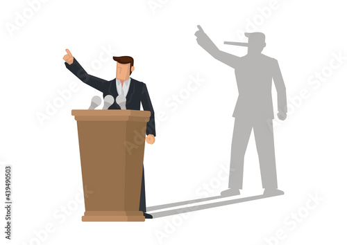 Politician on a podium giving speech with his long nose shadow.