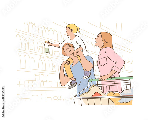 Dad puts little daughter on shoulders and mom is pushing a shopping cart and shopping in the supermarket. hand drawn style vector design illustrations. 