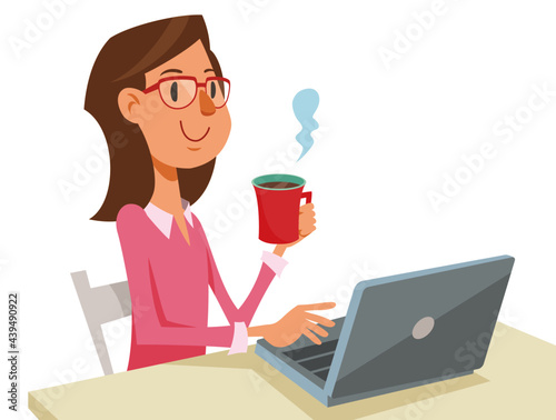 Young woman wears glasses working on laptop. Happy with smile, holding a cup of coffee. Vector illustration in flat cartoon style.