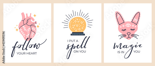 Mystical trendy posters collection with crystal ball, magic pink cat, anatomic heart and handwritten lettering for greeting cards or prints, home decor. Vector illustration in modern boho, flat style