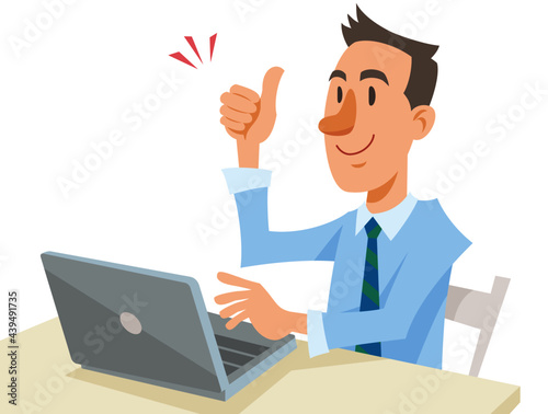 Young businessman working on laptop. Happy with smile, showing thumb up. Vector illustration in flat cartoon style.