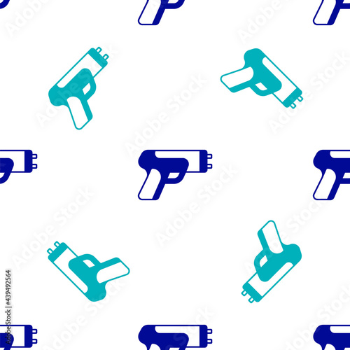 Blue Police electric shocker icon isolated seamless pattern on white background. Shocker for protection. Taser is an electric weapon. Vector