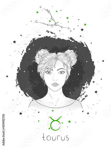 Taurus zodiac sign and constellation. Vector illustration with a beautiful horoscope symbol girl on grunge background. 