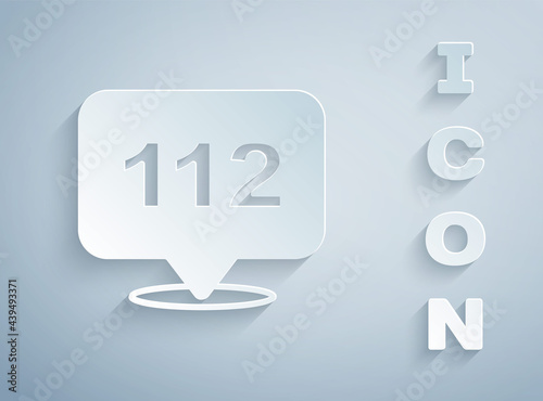 Paper cut Telephone with emergency call 112 icon isolated on grey background. Police, ambulance, fire department, call, phone. Paper art style. Vector