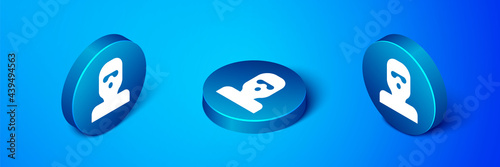Isometric Thief mask icon isolated on blue background. Bandit mask, criminal man. Blue circle button. Vector