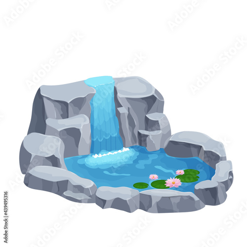 Waterfall cascade with stones, lake with lily flowers in cartoon style isolated on white background. Clip art composition, nature scenery. Vector illustration