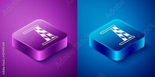 Isometric Crime scene icon isolated on blue and purple background. Square button. Vector