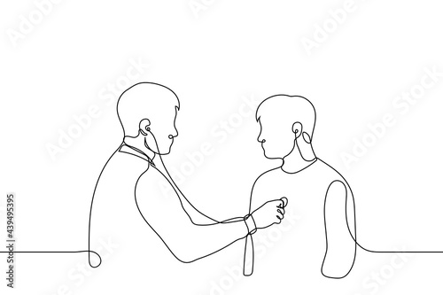 doctor listens with a stethoscope to the chest of a male patient - one line drawing. concept of heartbeat check, lung ventilation, clinical examination