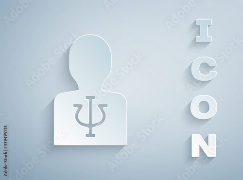 Paper cut Psychology icon isolated on grey background. Psi symbol. Mental health concept, psychoanalysis analysis and psychotherapy. Paper art style. Vector