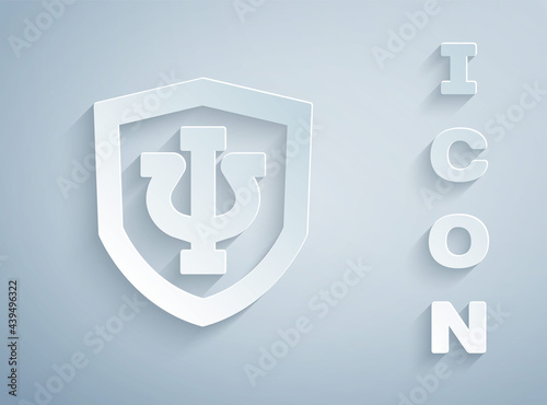 Paper cut Psychology icon isolated on grey background. Psi symbol. Mental health concept, psychoanalysis analysis and psychotherapy. Paper art style. Vector