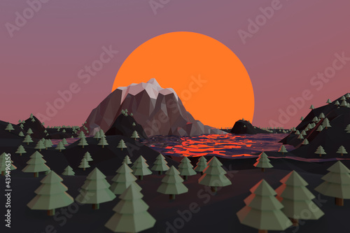 LOW POLY Illustration of mountain range at sunset photo