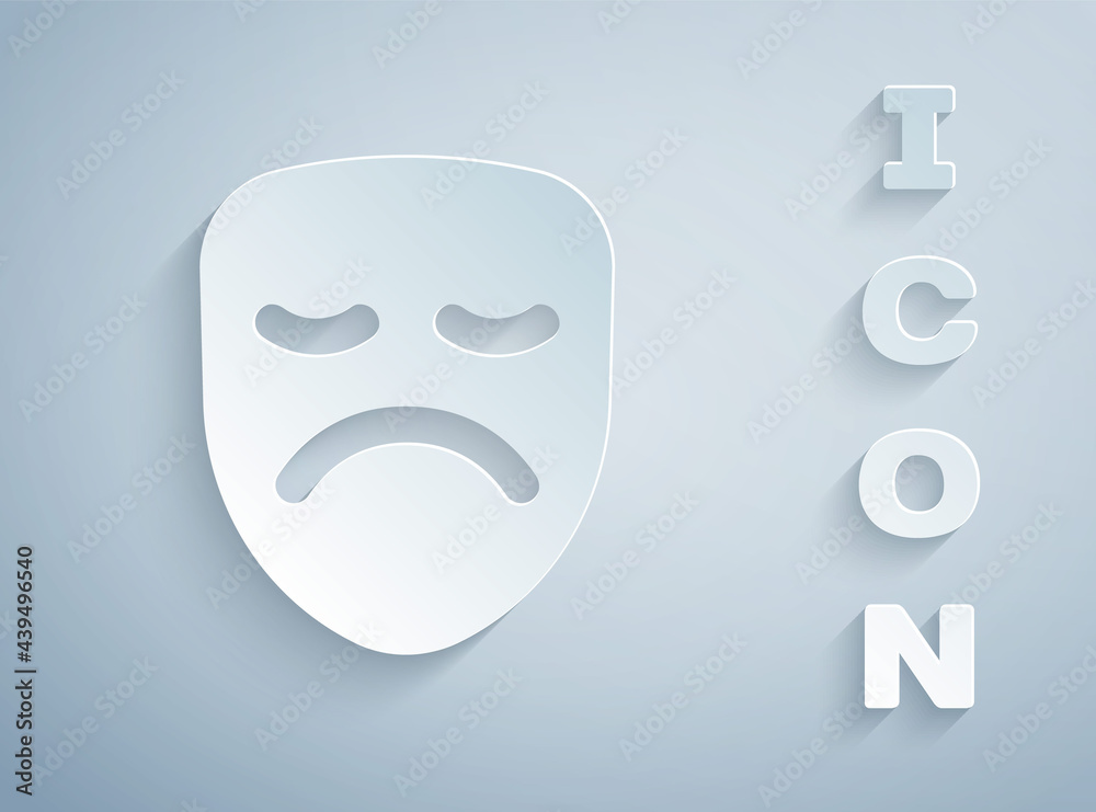 Paper cut Drama theatrical mask icon isolated on grey background. Paper art style. Vector Paper cut Drama theatrical mask icon isolated on grey background. Paper art style. Vector