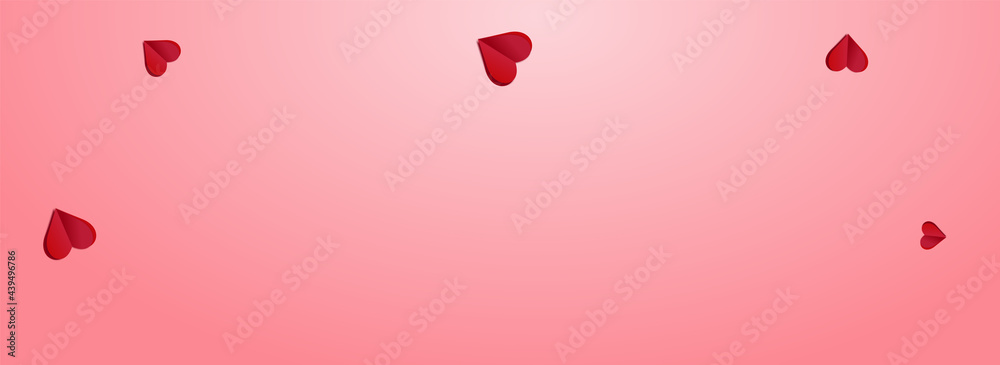 Red Heart Vector Pink Panoramic Backgound.