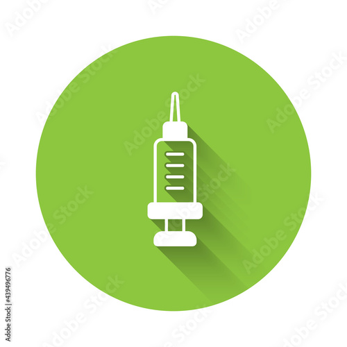 White Addiction to the drug icon isolated with long shadow background. Heroin, narcotic, addiction, illegal. Sick junkie with a syringe and medical pills. Green circle button. Vector