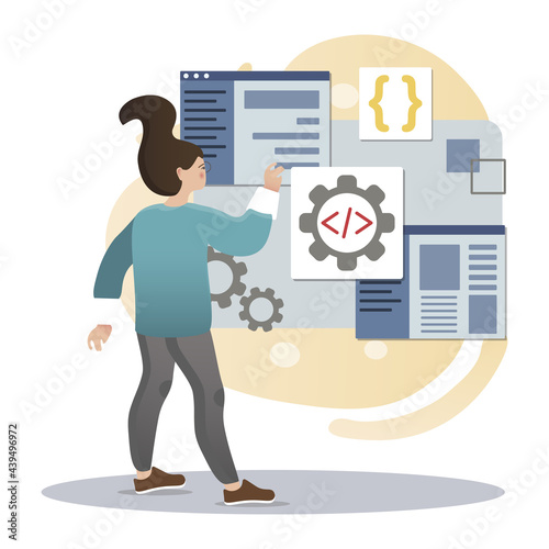 Api. Isolated flat style colored illustration. Cloud storage, online base, marketing solution. IPO girl and mechanism.