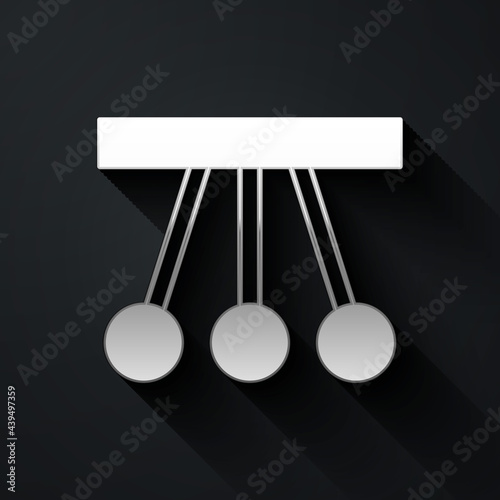 Silver Pendulum icon isolated on black background. Newtons cradle. Long shadow style. Vector