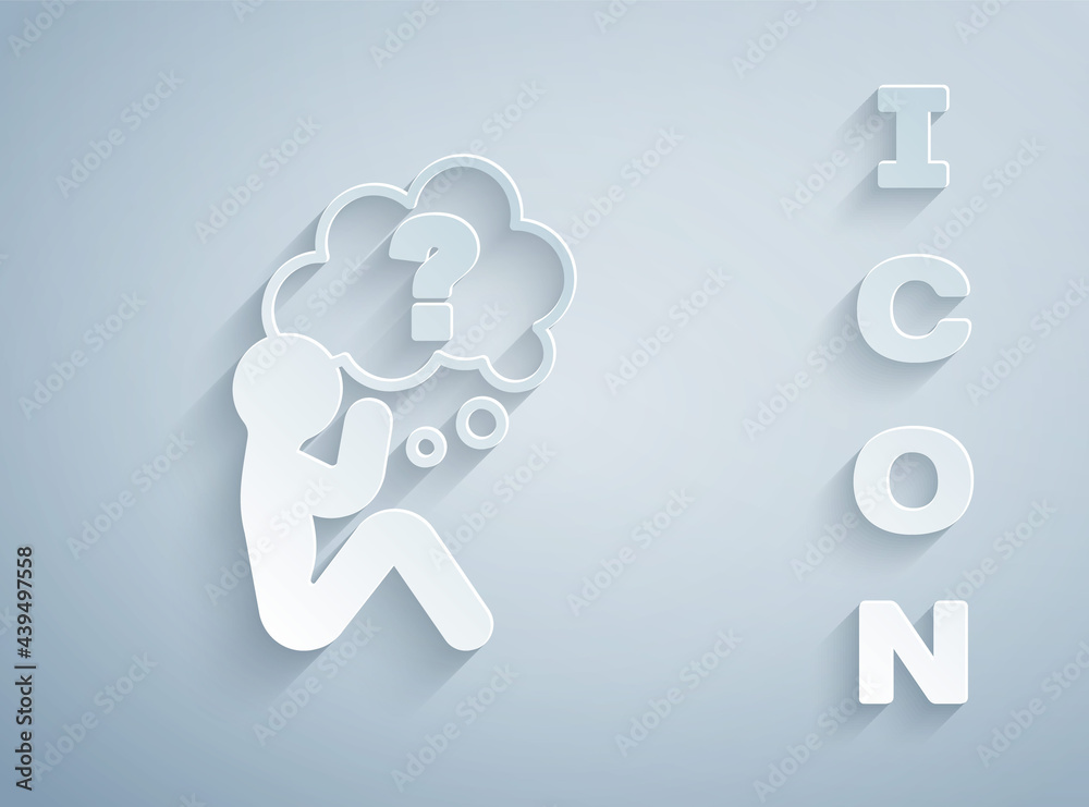 Paper cut Human head with question mark icon isolated on grey background. Paper art style. Vector Paper cut Human head with question mark icon isolated on grey background. Paper art style. Vector