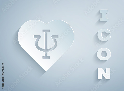 Paper cut Psychology icon isolated on grey background. Psi symbol. Mental health concept, psychoanalysis analysis and psychotherapy. Paper art style. Vector