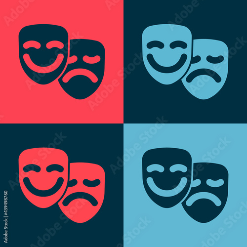 Pop art Comedy and tragedy theatrical masks icon isolated on color background. Vector